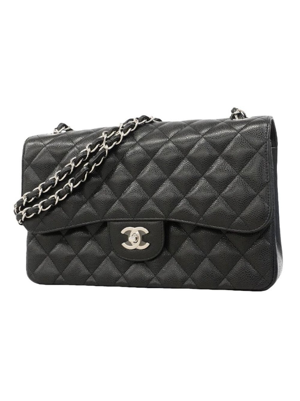 Chanel Shoulder Bag Maxi Quilted Caviar Leather Black Silver